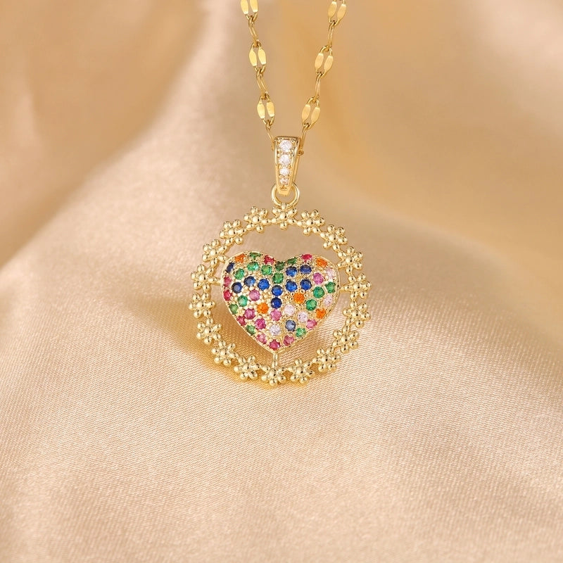 Hip-Hop Minimalist Shiny Heart Shape 304 Stainless Steel Copper Zircon 18K Gold Plated Inlay Pendant Necklace