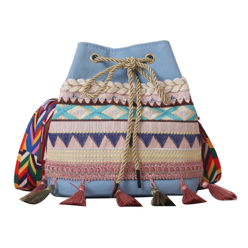 Women's Medium Canvas Geometric Ethnic Style Tassel String Bucket Bag
