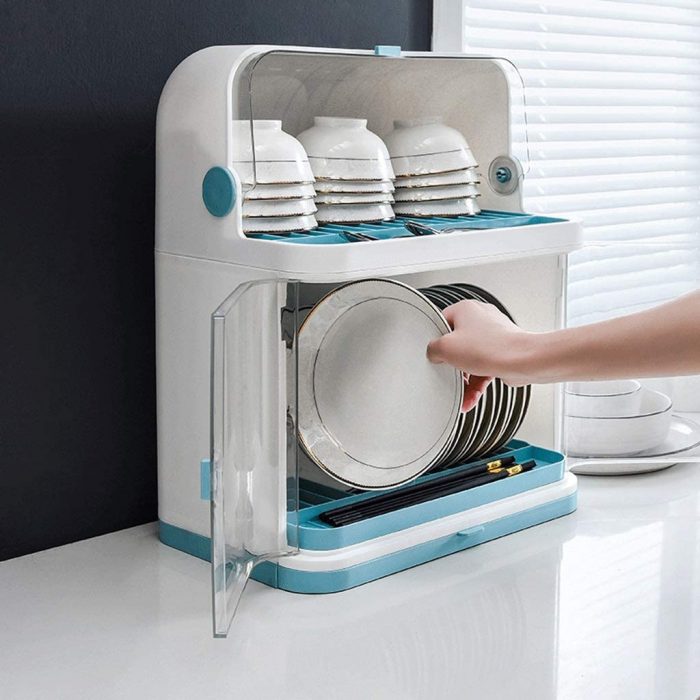 Kitchen Dish Drainer Plastic With Lid Drainer Rack Drip Tray Cutlery Holder - Covered Dish Rack 2 Layer Dust-Safe