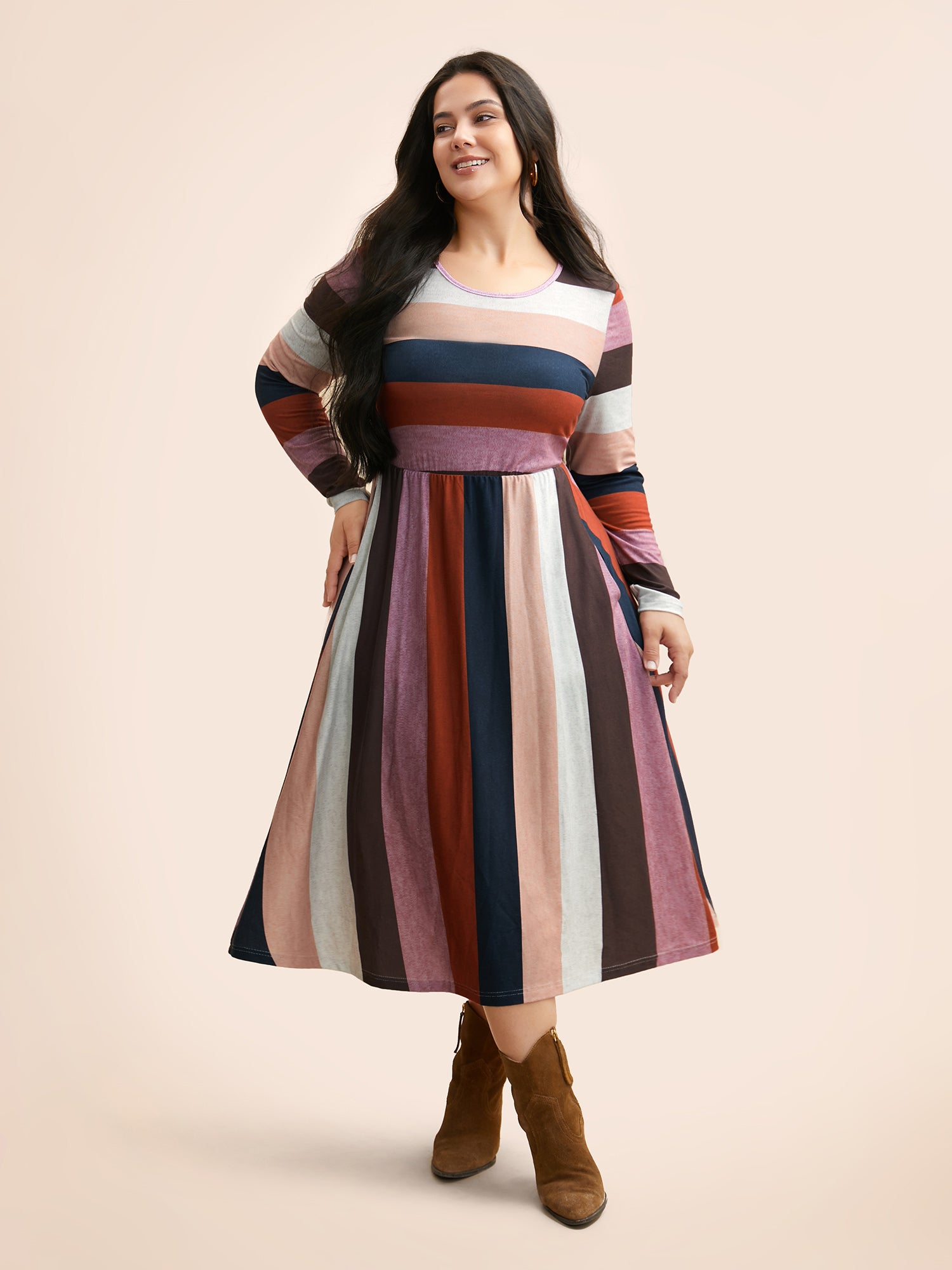 Striped Contrast Crew Neck Knit Dress