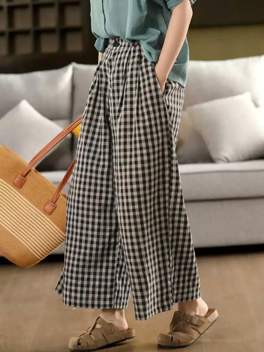 Women Summer Vintage Plaid Cotton Wide-leg Pants