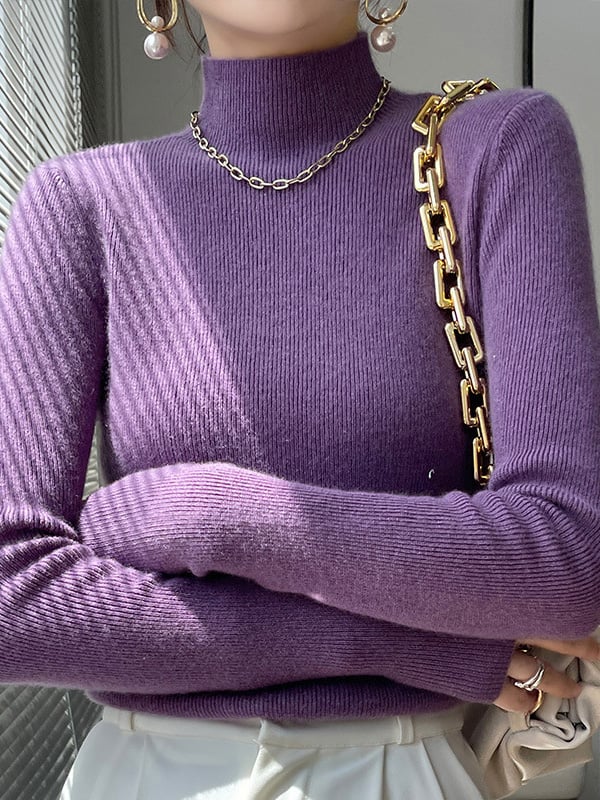 Casual Skinny Long Sleeves Solid Color Half Turtleneck Sweater Tops