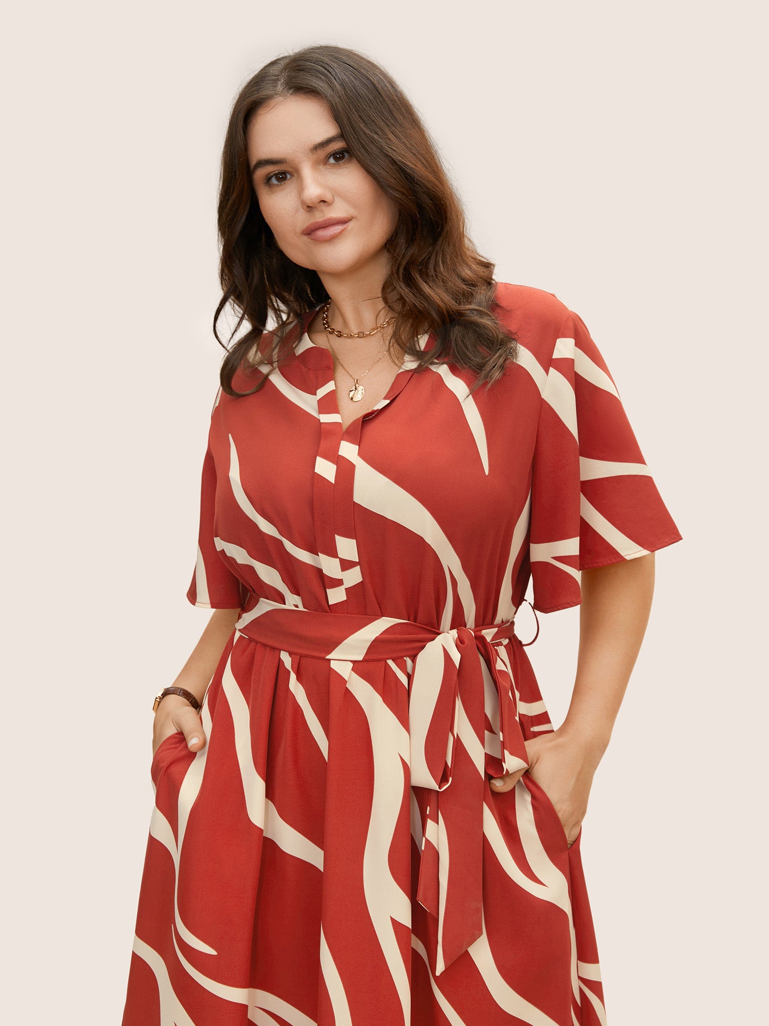 Geometric Surplice Neck Tie Knot Midi Dress