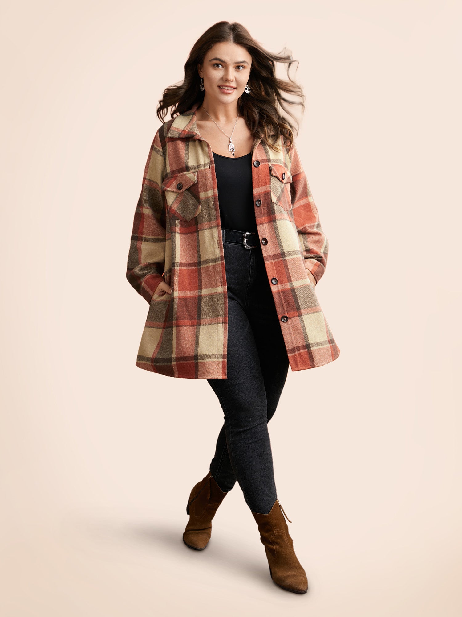 Plaid Chest Pockets Long Jacket