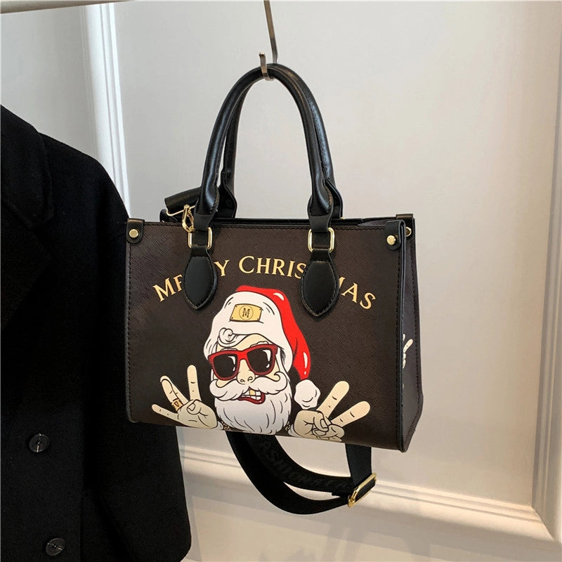 Christmas Women's Large Pu Leather Santa Claus Streetwear Square Zipper Tote Bag