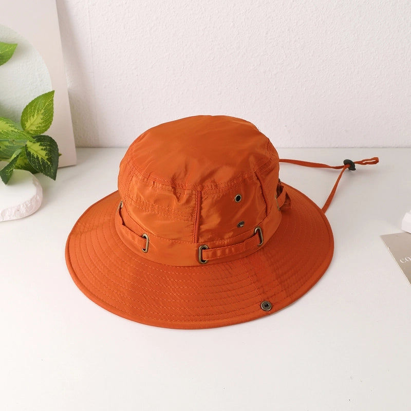 Women's Casual Japanese Style Solid Color Iron Button Wide Eaves Bucket Hat