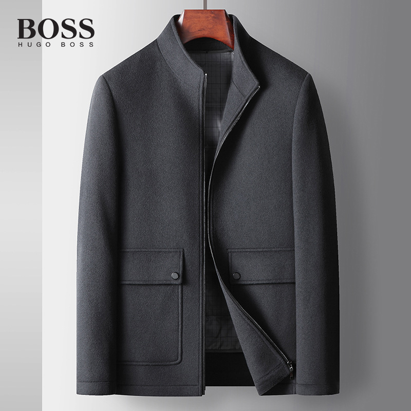 BOSS Luxury Men-s Stand Collar Detachable Handmade Wool Goose Down Lining Reversible Wool Casual Jacket