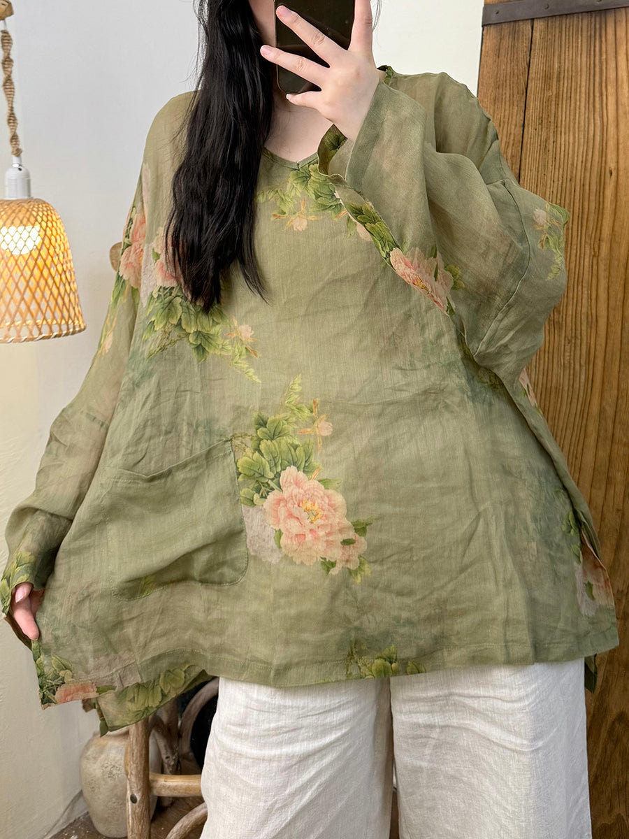 Women Summer Artsy Flower Ramie V-Neck Shirt