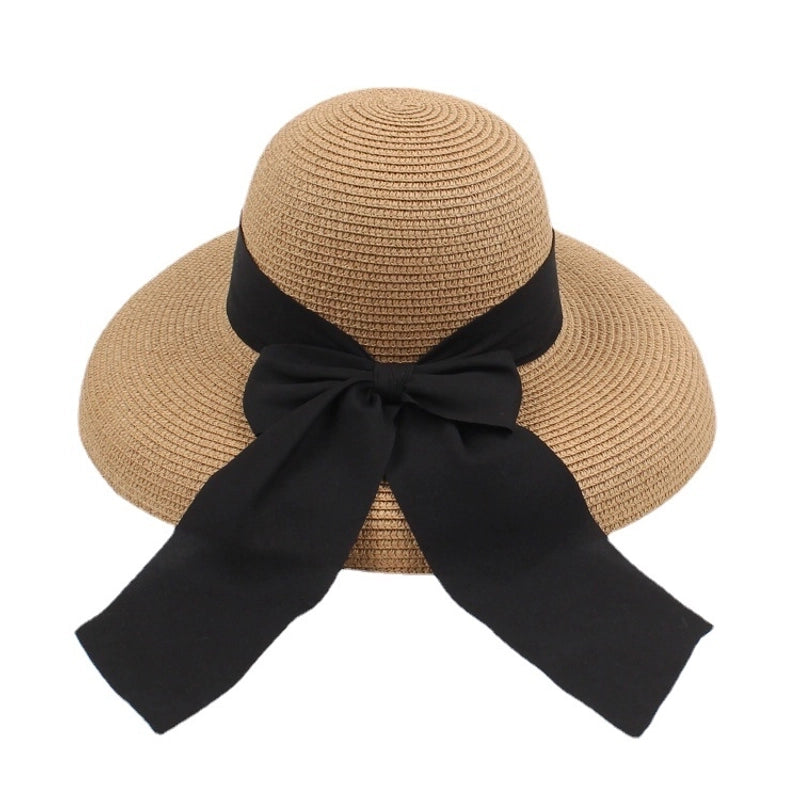 Women's Classical Retro Pastoral Solid Color Bowknot Big Eaves Straw Hat