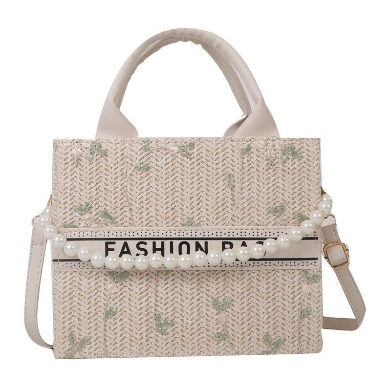 Women's Pu Leather Straw Letter Flower Elegant Vacation Pearls Square Open Shoulder Bag Handbag Crossbody Bag