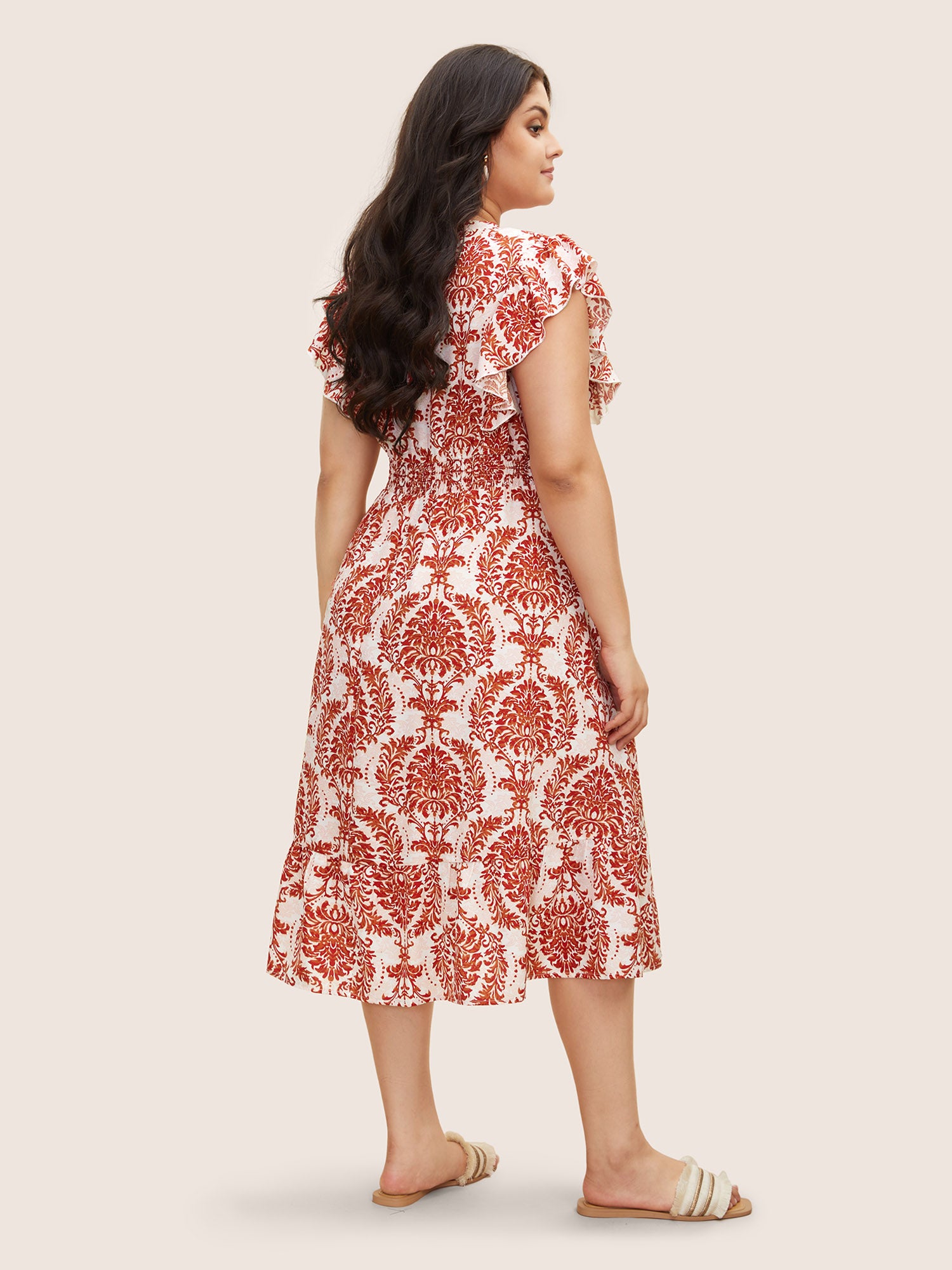 Boho Print Shirred Ruffle Cap Sleeve Dress