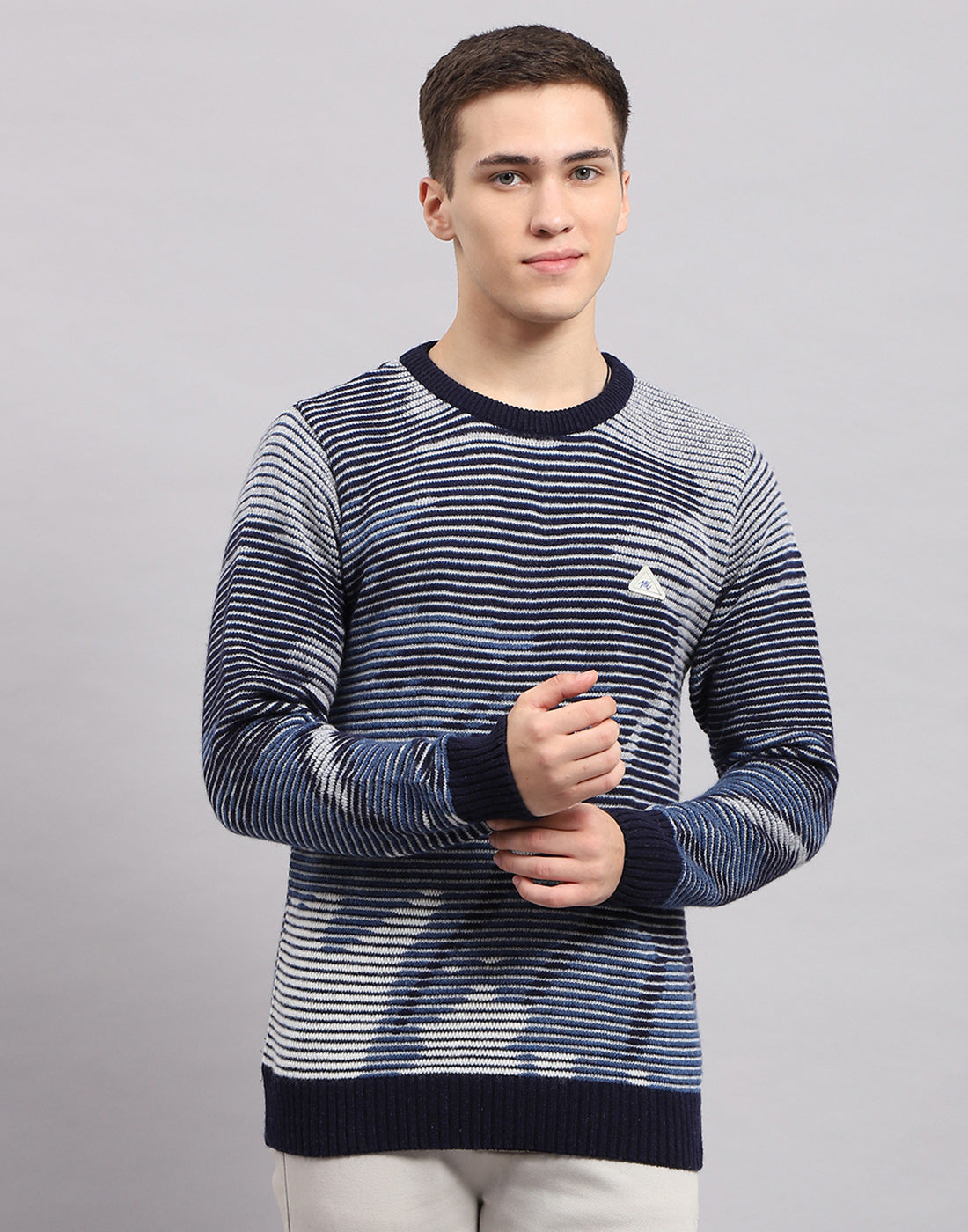 Men Navy Blue Self Design Round Neck Full Sleeve Pullover