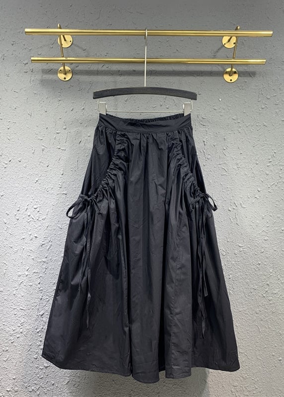 Casual Black Cinched Pockets Elastic Waist Patchwork Cotton Skirt Spring