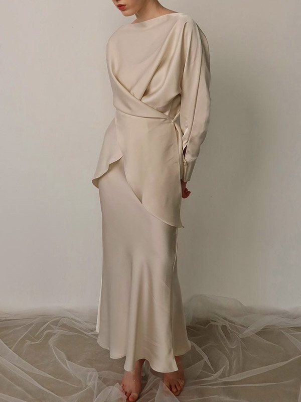Loose Solid Color Split-Joint Boat Neck Long Sleeves Blouse & Shirt + Skirt Two Pieces Set