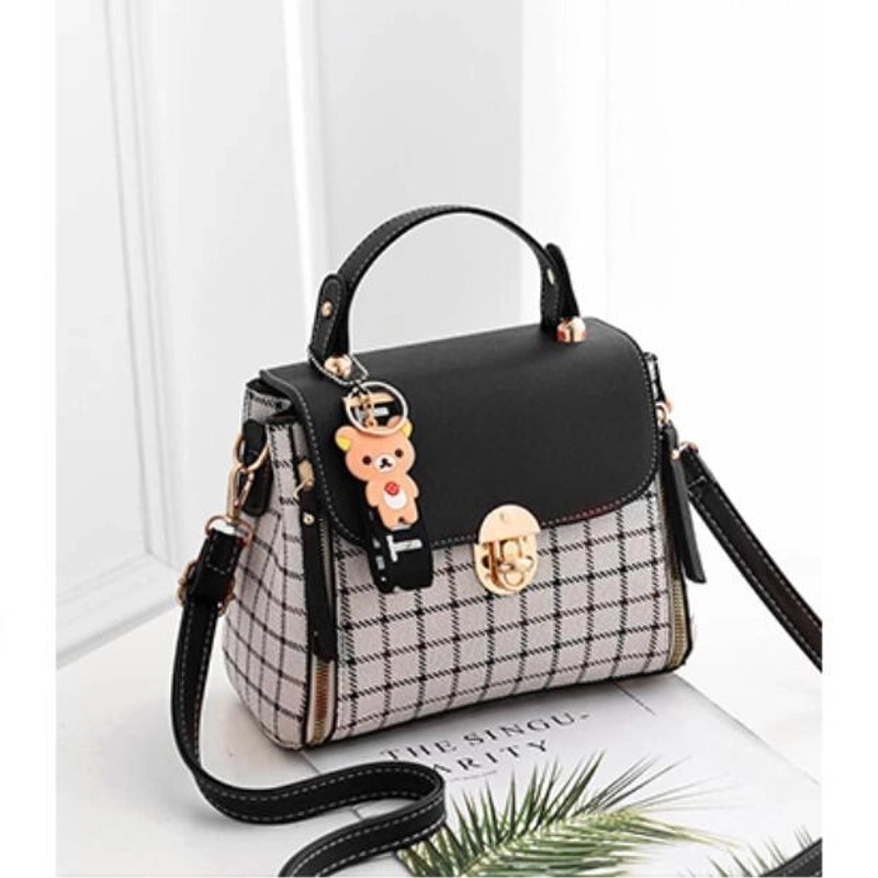 Women's Medium Pu Leather Plaid Cute Ornament Square Flip Cover Crossbody Bag