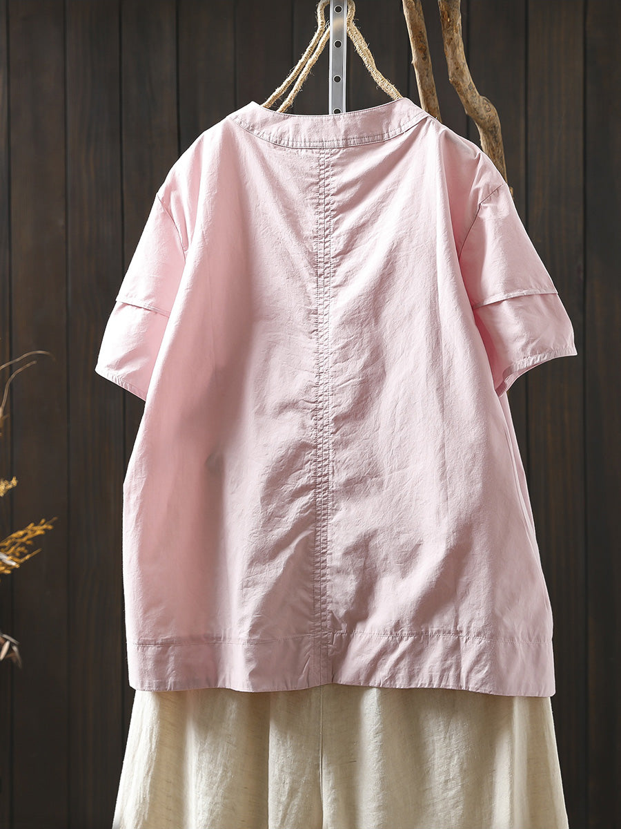 Women Summer Artsy Pure Color O-Neck 100%Cotton Shirt