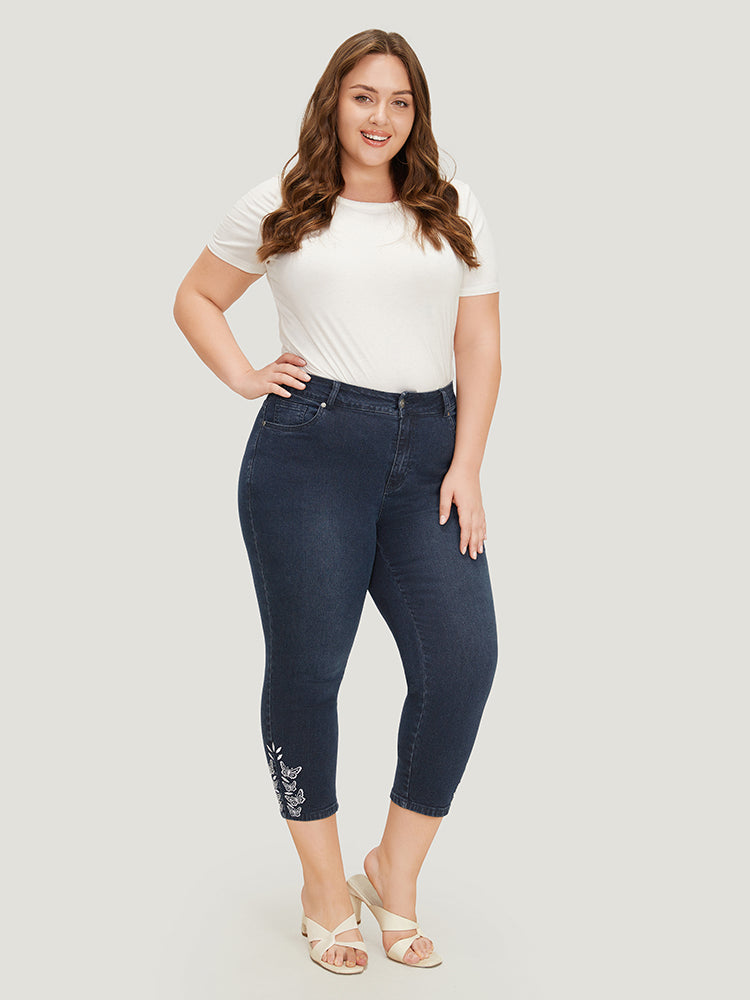 Very Stretchy High Rise Dark Wash Butterfly Embroidered Jeans