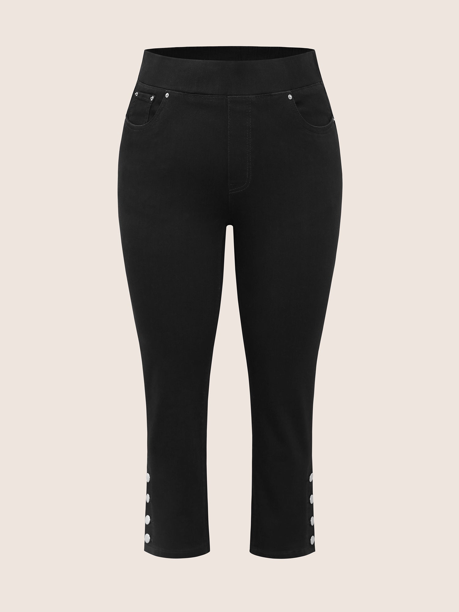 Black Wash Button Detail Elastic Wais Slim Jeans