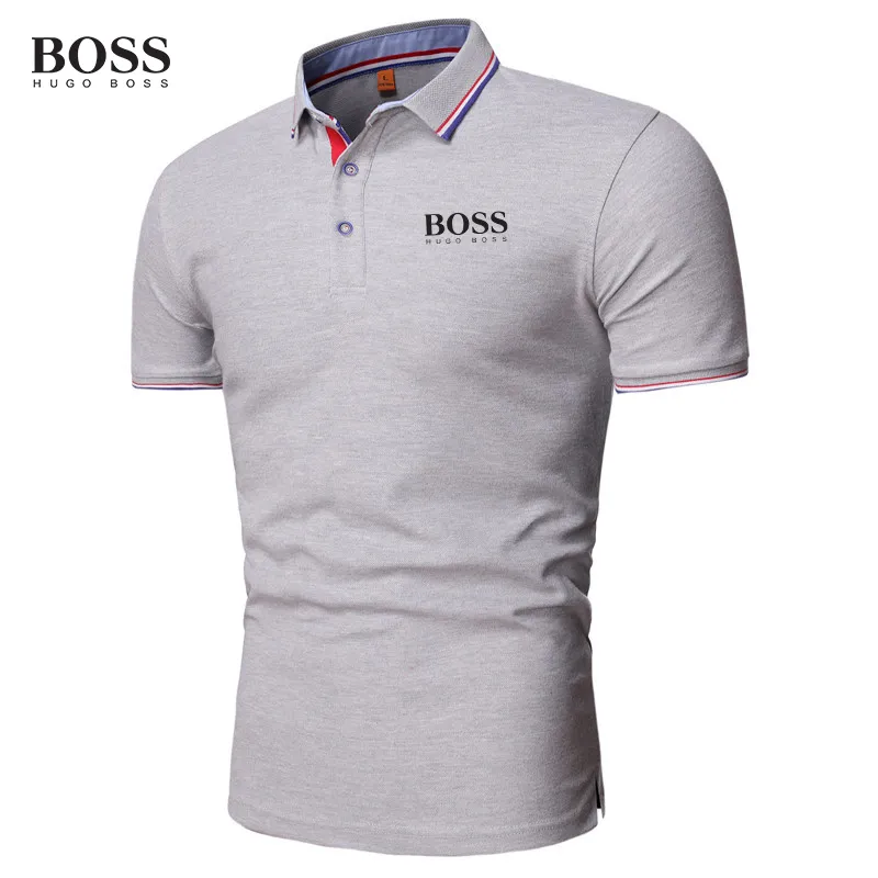 Boss Shirt Men Button Stand Collar Short Sleeve Polo Shirts