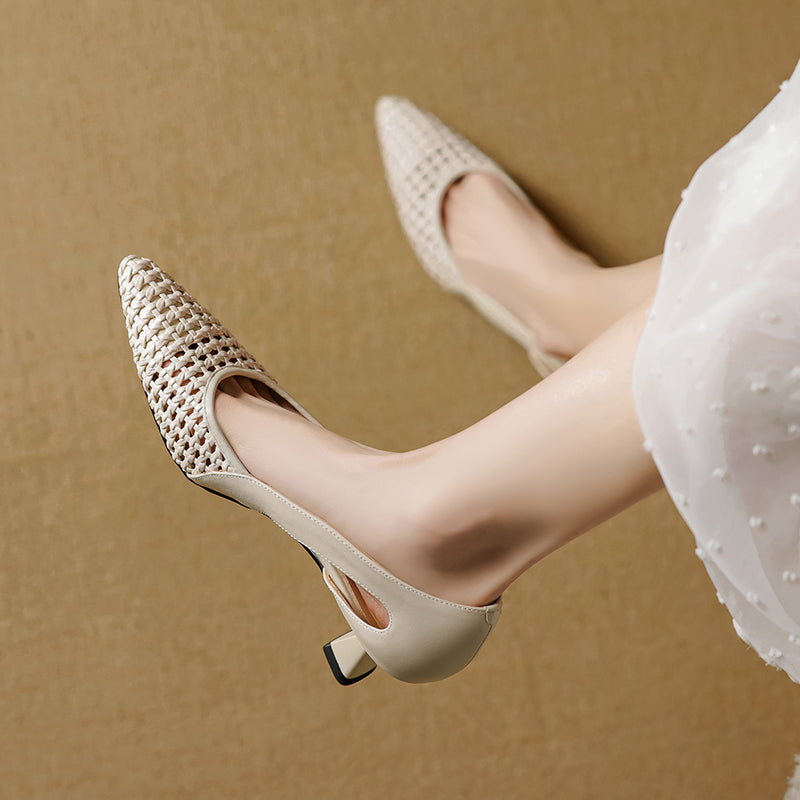 Pointed Toe Woven Kitten Heel Pumps Hollow Out Leather Fashion Office Shoes in Black/Beige/Silver
