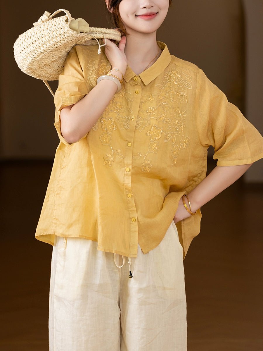 Women Summer Artsy Embroidery 100%Ramie Shirt