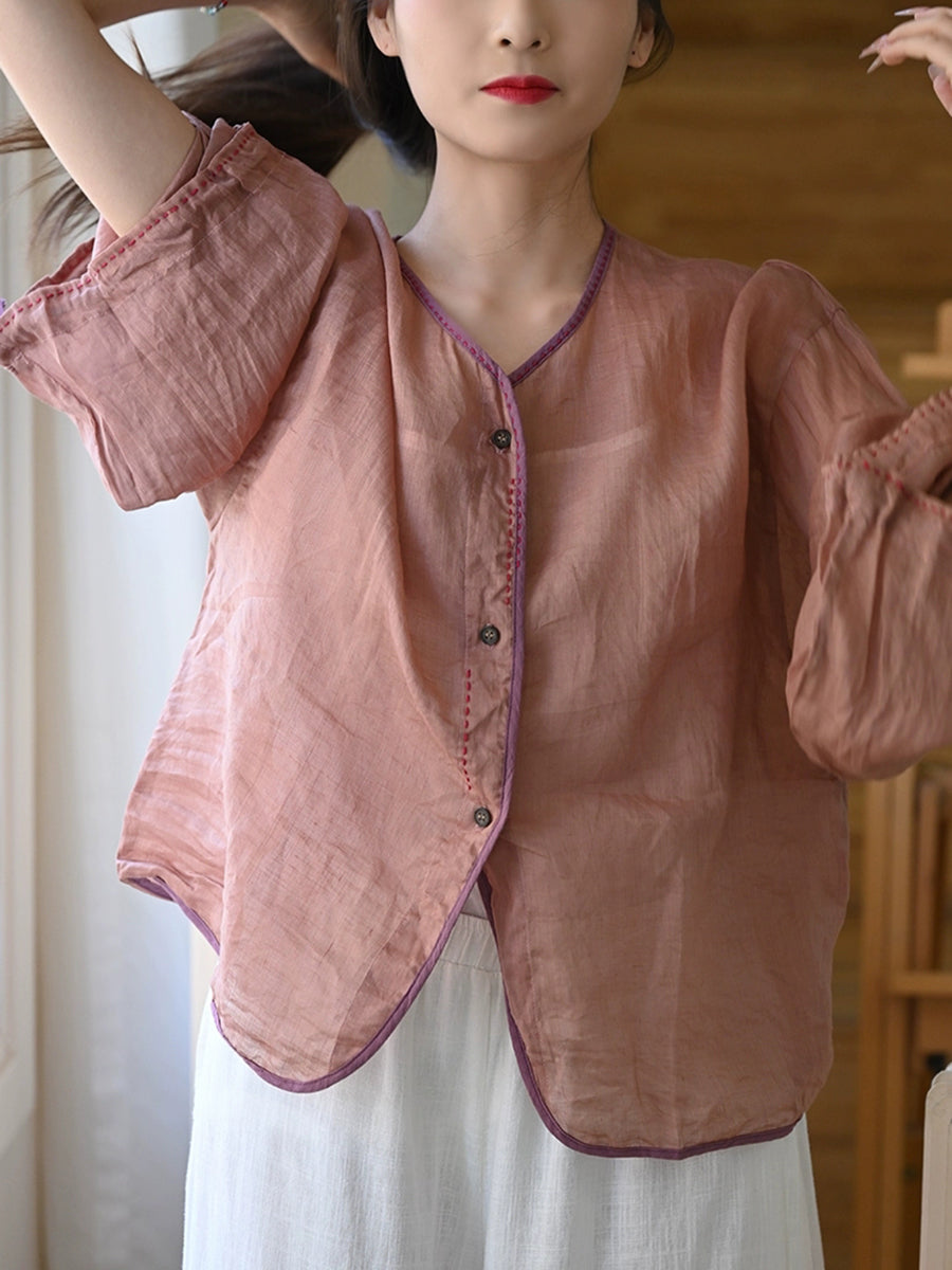 Women Summer Pure Color Ramie Button-up V-Neck Shirt