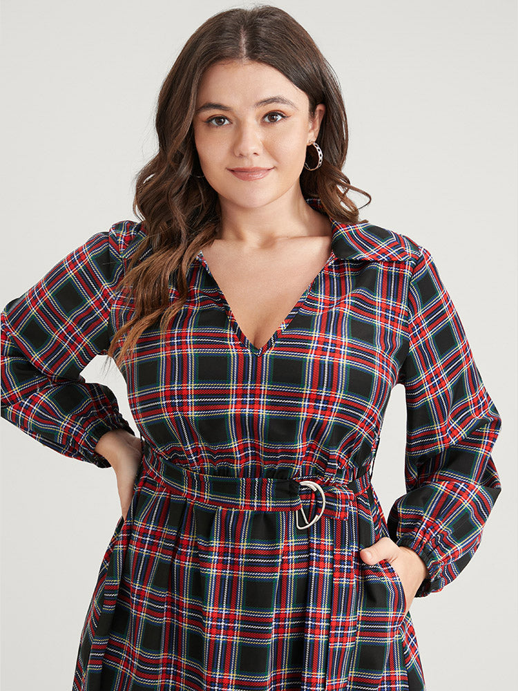 Tartan Lantern Sleeve Pocket Belted Midi Dress