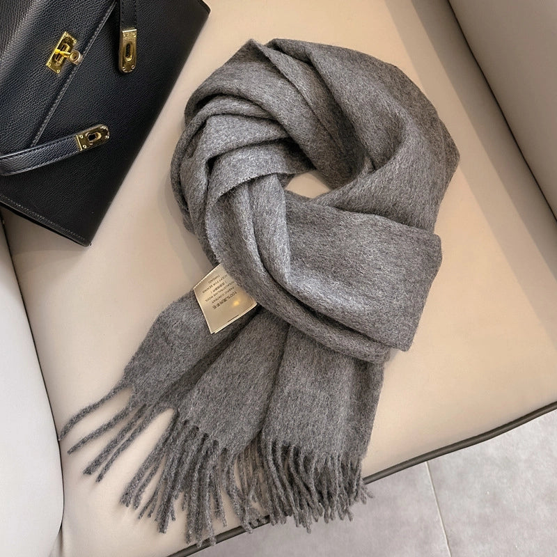White Pure Wool Scarf Female Winter Student Warm Scarf New Versatile Tassel Narrow Scarf Couple