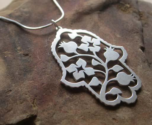 Silver Pomegranate Hamsa Pendant Necklace