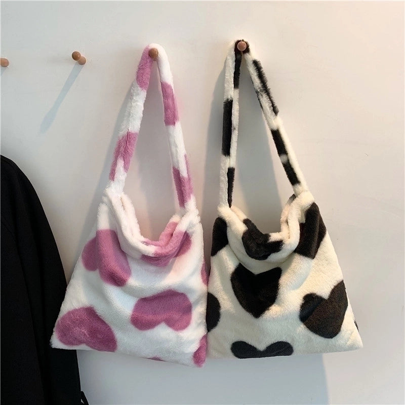 Women's Large Autumn&winter Plush Heart Shape Cute Square Sticky Cloth Underarm Bag