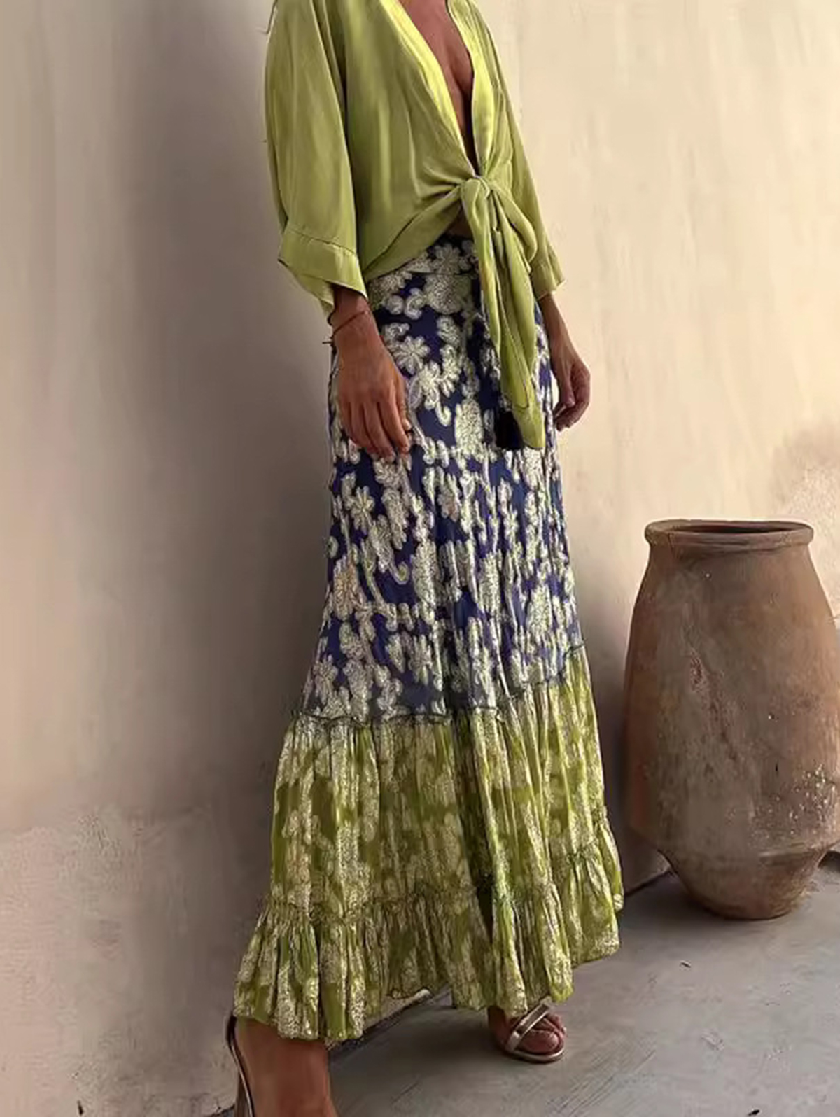 Vacation Floral Allover Pattern Patchwork Maxi Skirt