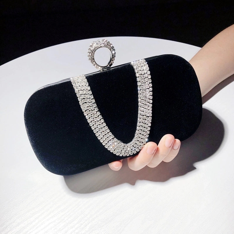 Red Khaki Dark Blue Velvet Solid Color Rhinestone Pillow Shape Clutch Evening Bag