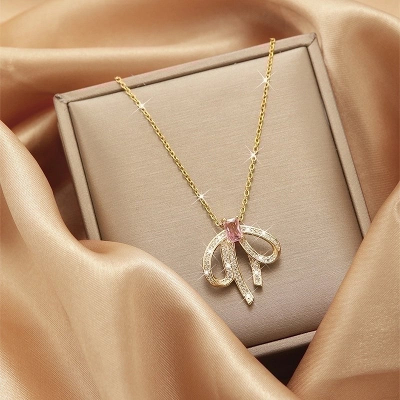 2 Pieces Vintage Style Heart Shape Flower Bow Knot Titanium Steel Copper Tassel Plating Inlay Zircon Pendant Necklace
