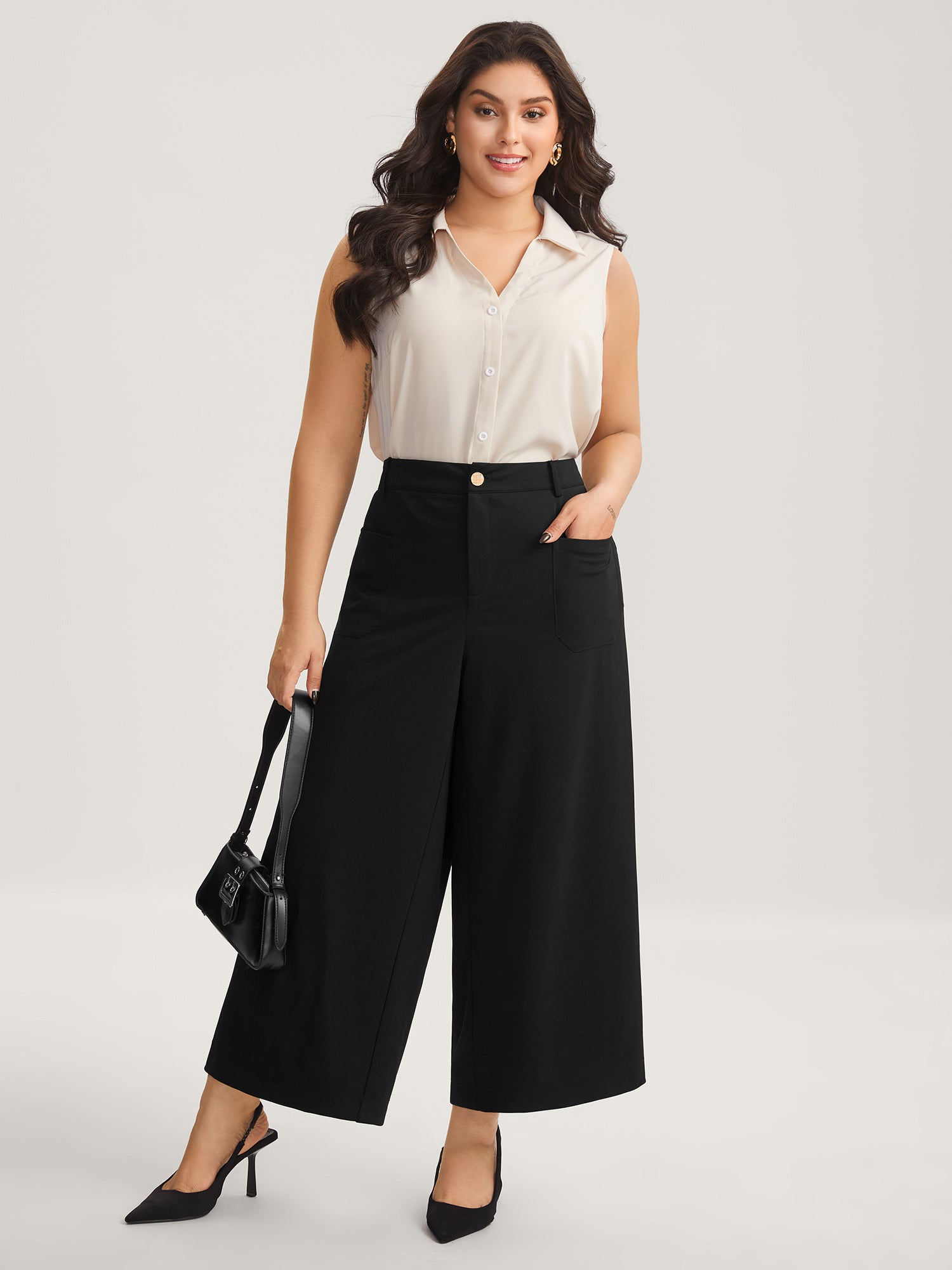 Pockets Wide-Leg Solid Pants
