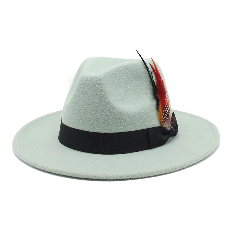 Bow Feather Top Hat Autumn And Winter Big Brim Hat Fashionable Men's And Women's Cashmere Felt Hat Style New Hats