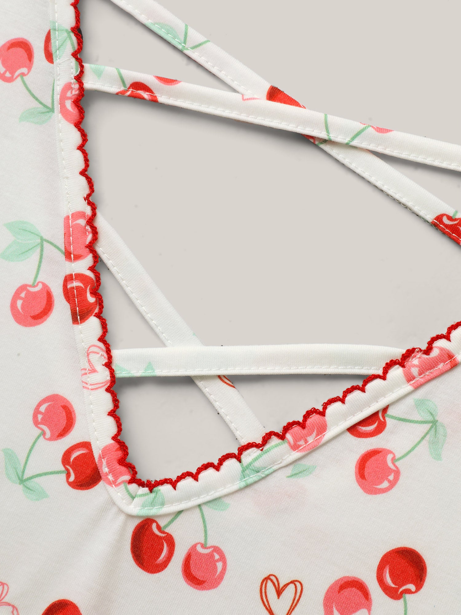 Cherry Print Embroidered V-Neck Top