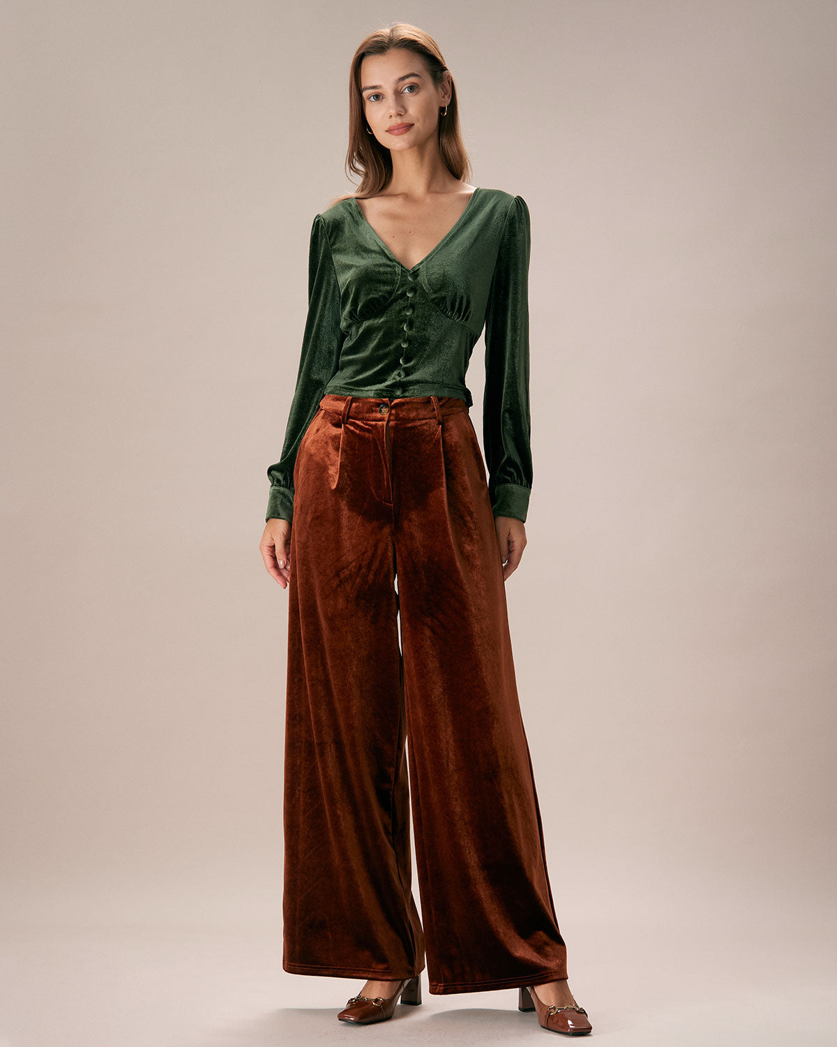 The Dark Green V Neck Button Velvet Blouse