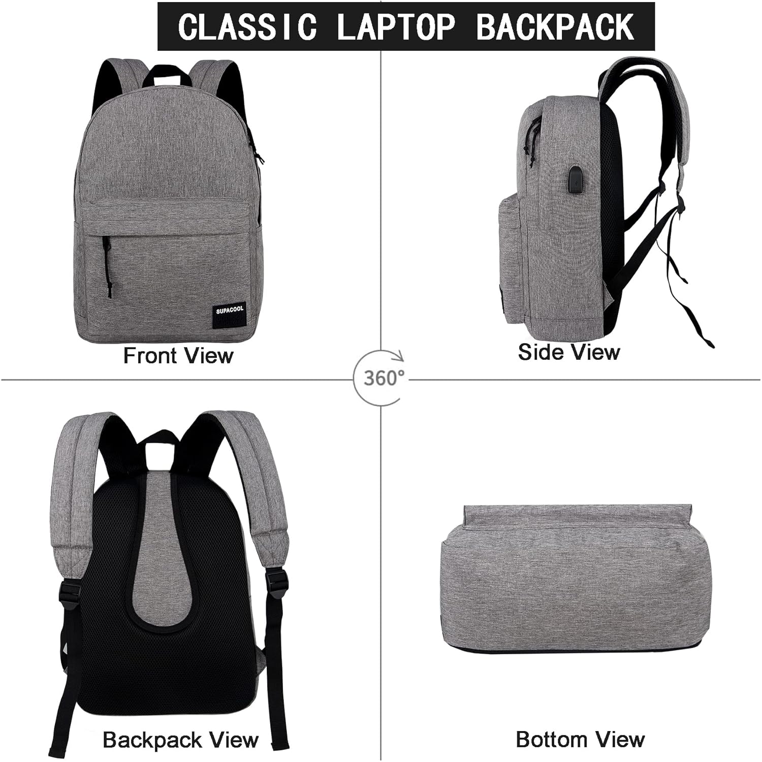 SUPACOOL Casual Laptop Backpack for Men and Women, School Backpack for Boys and Girls, College Bookbag, USB Charging Port, Lightweight Back Pack(Black)