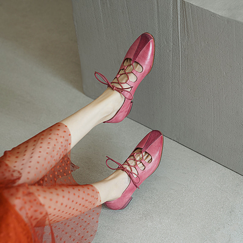 Elegant Washed Horse Leather Mary Jane Shoes with Cross-Strap Design Pink/Grey/Blue
