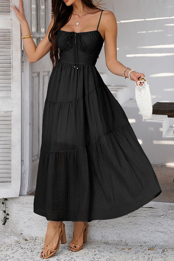 Fashion Solid Black Smocked Back Maxi Dress