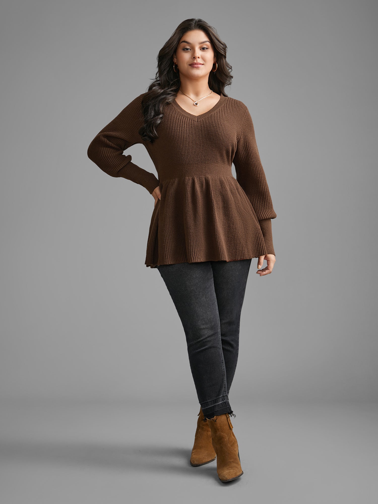 Plain V Neck Lantern Sleeve Pullover