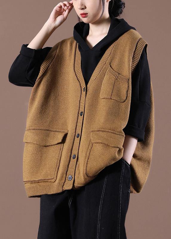 Camel Knitted  Waistcoat V Neck women sweatar vest