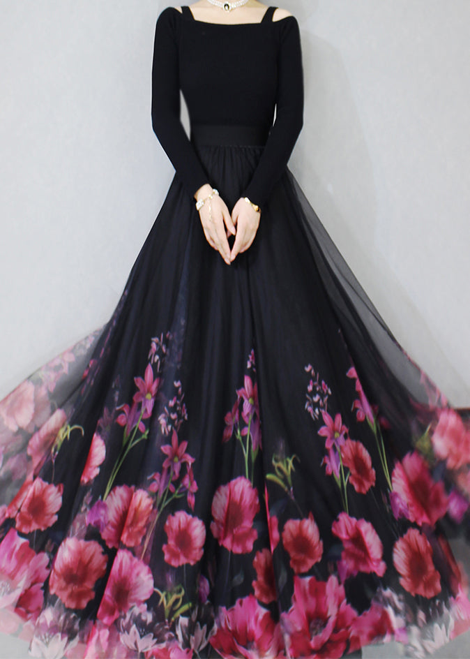 New Black Print High Waist Tulle Skirt Spring