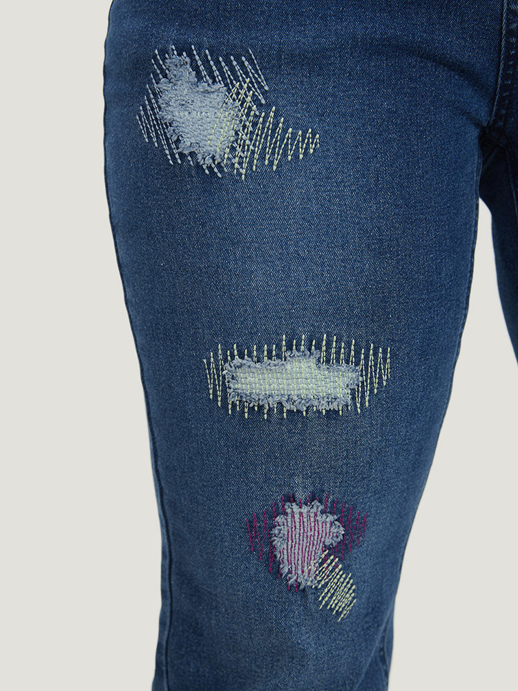 Ripped Embroidered Roll Hem Very Stretchy Jeans