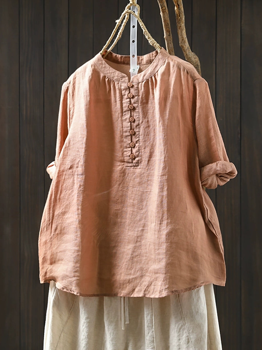 Women Summer Pure Color Stand Collar 100%Ramie Shirt