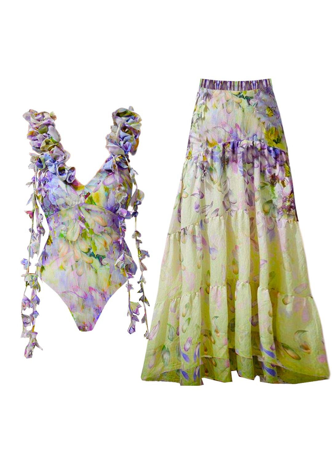 Boho V-Neck Print Patchwork Bodysuit And Maxi Skirts Lingerie Set