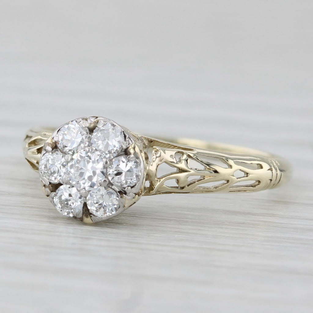 Antique 0.26ctw Diamond Flower Cluster Engagement Ring 14k Yellow Gold Size 7.25