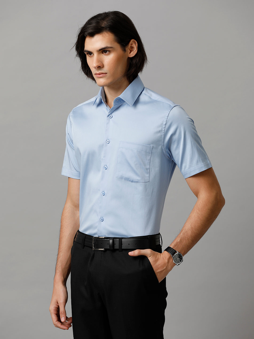 Men Solid Formal Light Blue Shirt (SABBL)