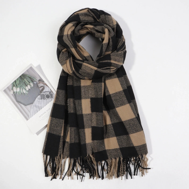 Simple  Fashion Warm Scarf Color Matching Chessboard Plaid Men's And Women's Tassel Plaid Cashmere-like Autumn And Winter Shawl
