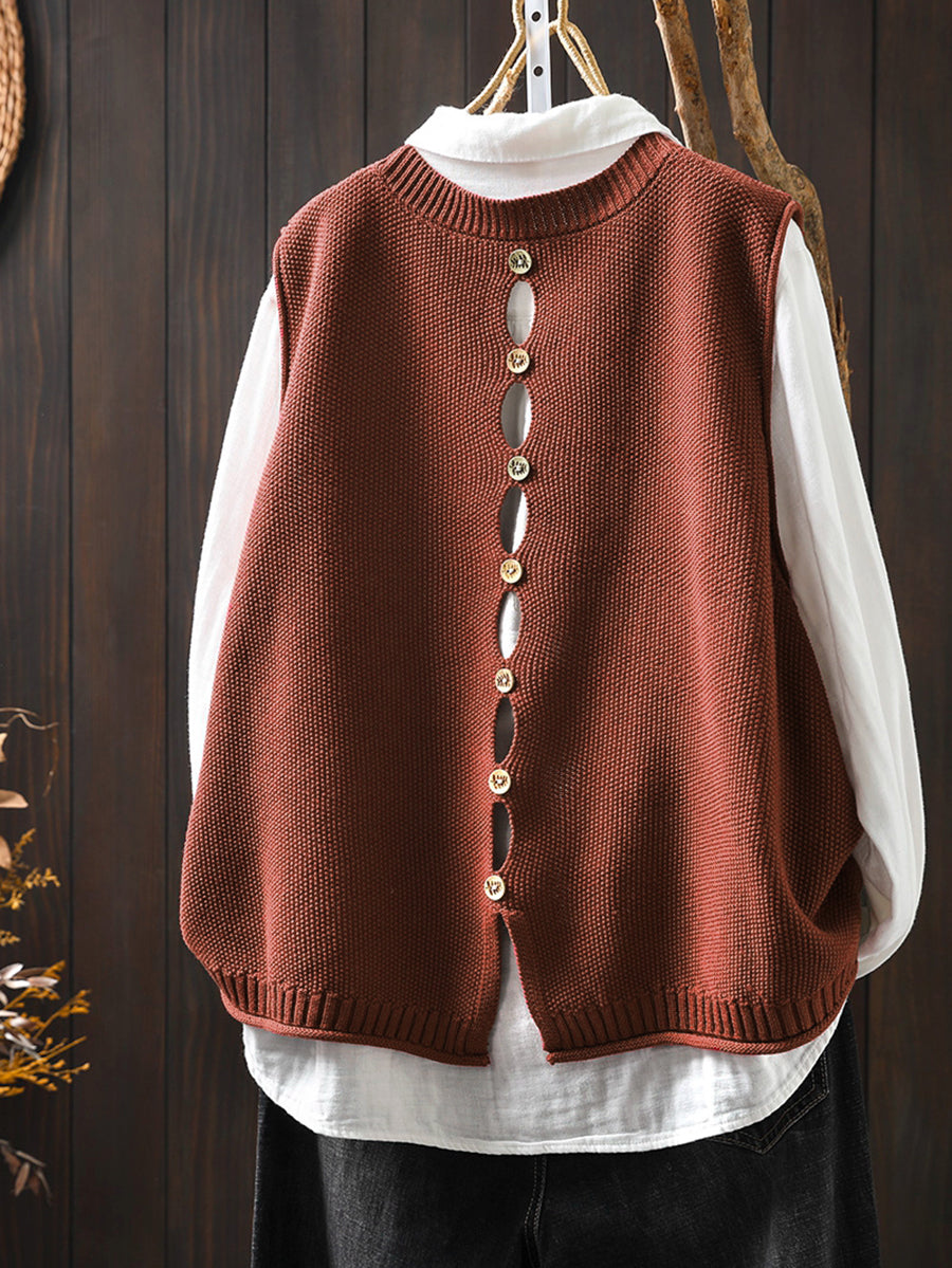 Women Vintage Pure Color Button Knit Vest